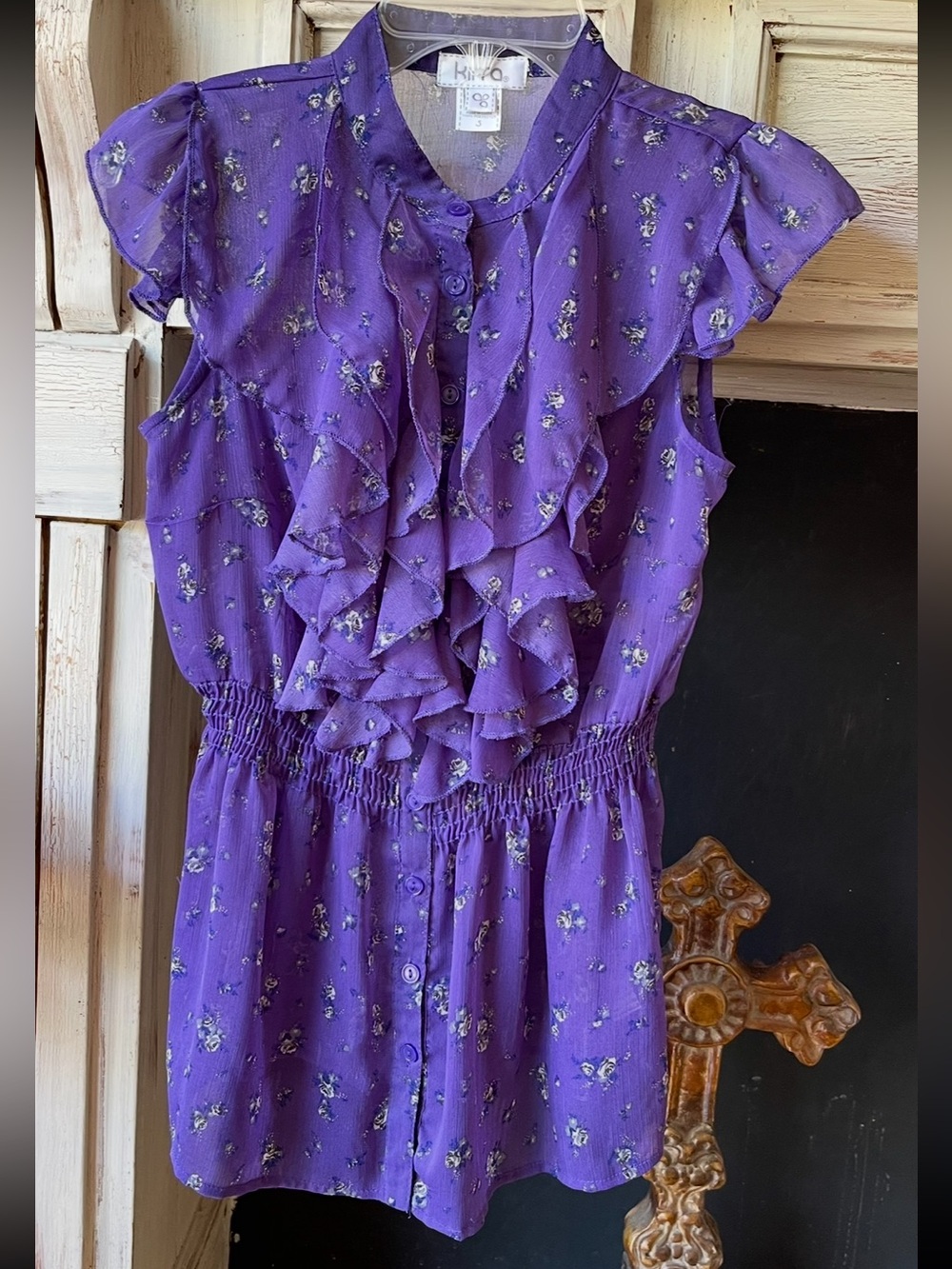 Kirra Purple Ruffle-Front Floral Blouse